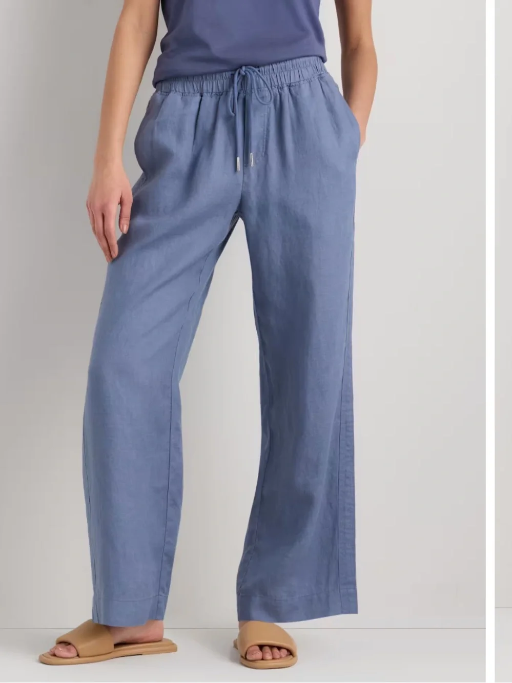 100% European Linen Wide Leg Pants Moonstone Blue Small Short